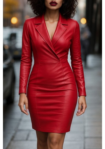Ulak Handmader Kadın Uzun Kollu Yakalı Mini Deri Elbise