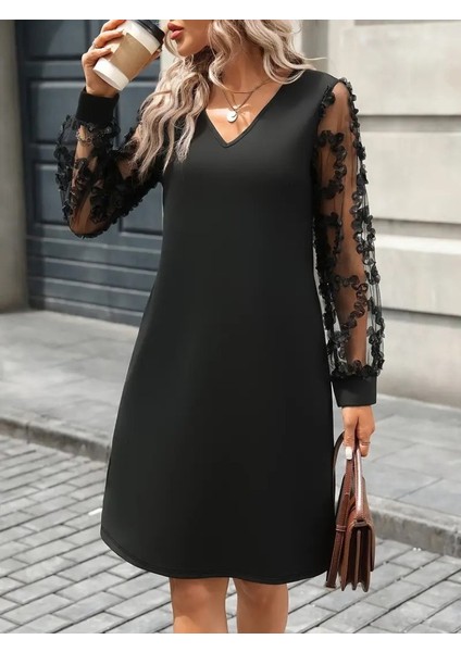 Ulak Handmader Kadın Uzun Kollu V Yakalı Tüllü Kısa Ithal Krep Mini Elbise
