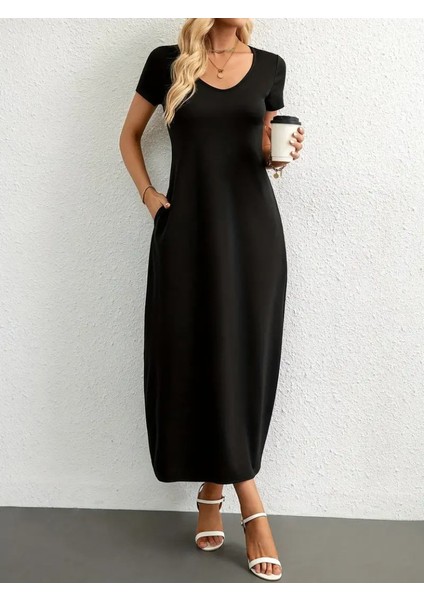 Ulak Handmader Kadın Kısa Kollu Yakası Yuvarlak Cepli Viskon Elbise