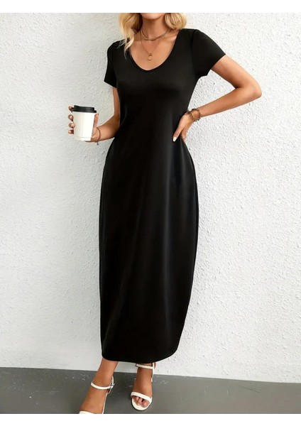 Ulak Handmader Kadın Kısa Kollu Yakası Yuvarlak Cepli Viskon Elbise indirimleri