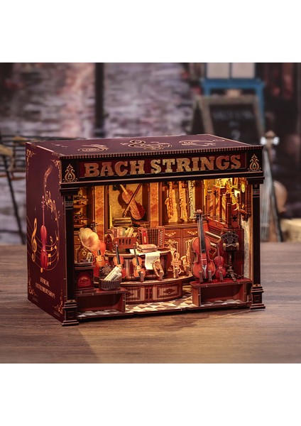 Bach Strings - 2025 Yeni Stil Mini Book Nook Kiti, Kendin Yap Oyuncak Bebek Evleri, Minyatür Ev Kiti, LED Işıklı, Booknook Evleri, Model Yapı Setleri (CWGB404) - Bach Yaylı Çalgılar