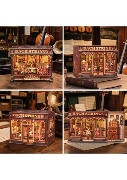 Bach Strings - 2025 Yeni Stil Mini Book Nook Kiti, Kendin Yap Oyuncak Bebek Evleri, Minyatür Ev Kiti, LED Işıklı, Booknook Evleri, Model Yapı Setleri (CWGB404) - Bach Yaylı Çalgılar