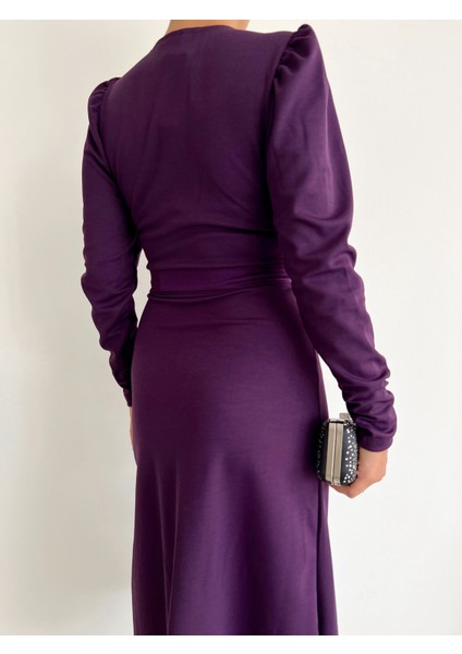 Ulak Handmader Krep Kumaş Midi Boy Kuşaklı Uzunkol Elbise