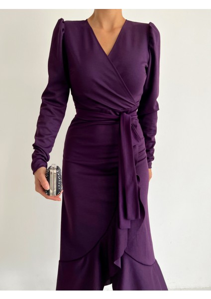 Ulak Handmader Krep Kumaş Midi Boy Kuşaklı Uzunkol Elbise