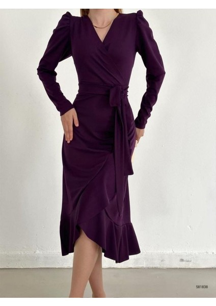 Ulak Handmader Krep Kumaş Midi Boy Kuşaklı Uzunkol Elbise