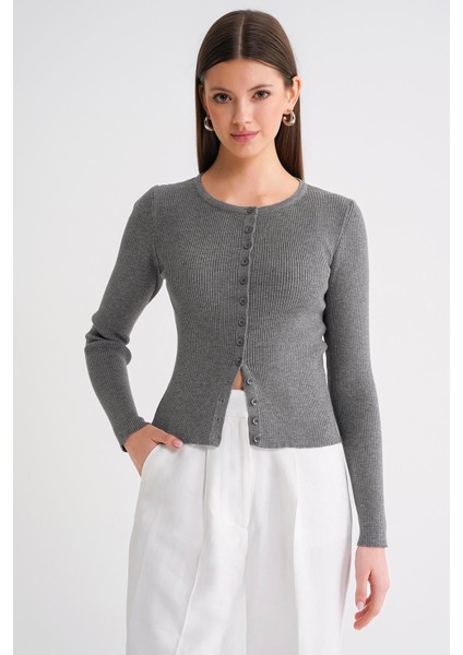 6931 Kadın Düğmeli Fitilli Triko Hırka Gri