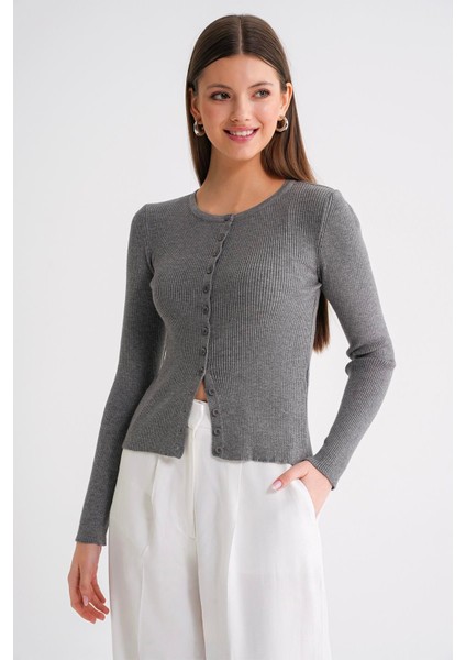6931 Kadın Düğmeli Fitilli Triko Hırka Gri fiyatları