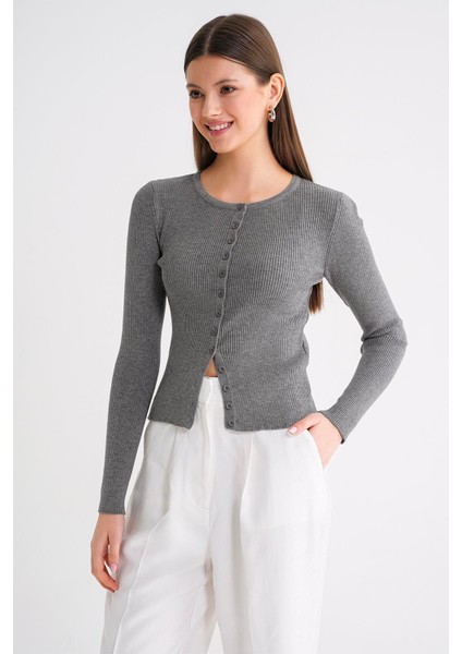 6931 Kadın Düğmeli Fitilli Triko Hırka Gri modelleri