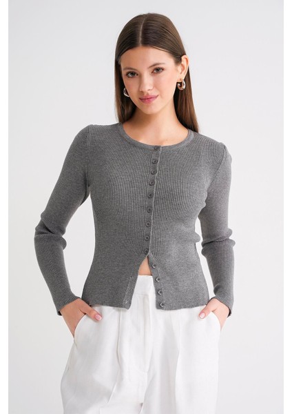 6931 Kadın Düğmeli Fitilli Triko Hırka Gri fırsatları