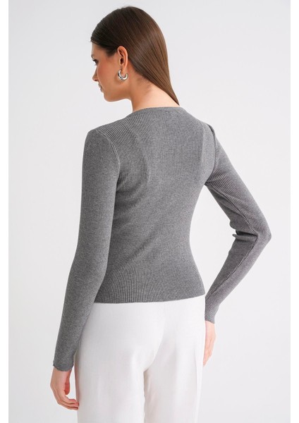 6931 Kadın Düğmeli Fitilli Triko Hırka Gri