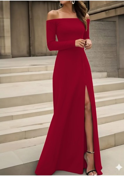 Ulak Handmader Kadın Uzun Kollu Madonna Yakalı Yırtmaç Detaylı Uzun Ithal Krep Elbise