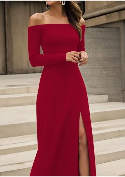 Ulak Handmader Kadın Uzun Kollu Madonna Yakalı Yırtmaç Detaylı Uzun Ithal Krep Elbise fiyatları