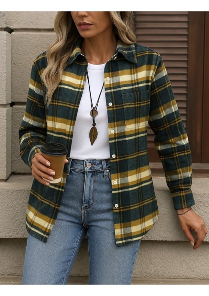 Ulak Handmader Kadın Uzun Kollu Kare Desenli Önden Düğmeli Dokuma Gömlek