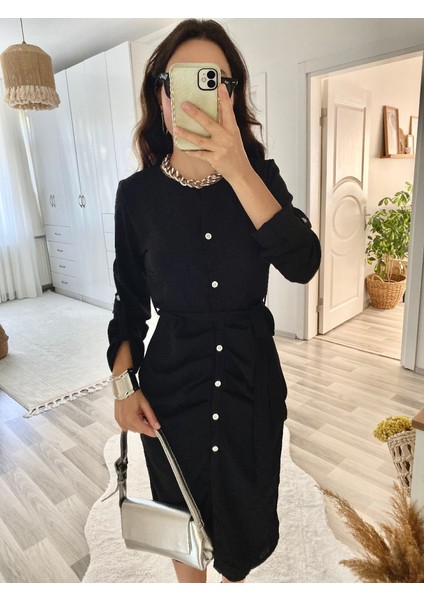 Ulak Handmader Kadın Uzun Kollu Önden Düğmeli Beli Kuşaklı Aerobin Midi Elbise