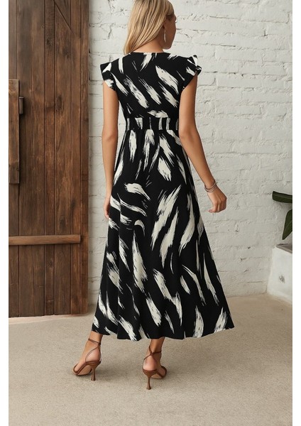 Ulak Handmader Kadın Kısa Kollu V Yakalı Desenli Yandan Yırtmaçlı Süprem Elbise modelleri