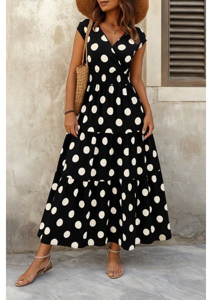 Ulak Handmader Kadın Kısa Kollu Kruvaze Yaka Beli Lastikli Süprem Maksi Boy Elbise