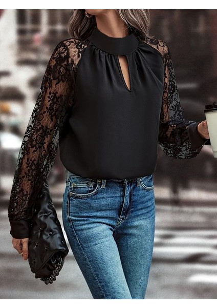 Ulak Handmader Kadın Uzun Kollu Göğüs Pencere Detay Yaka Boğazlı Kolları Tüllü Sandy Bluz modelleri