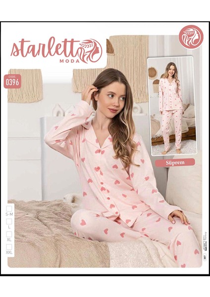 Pembe Kalp Desenli Düğmeli Suprem Pijama Takımı