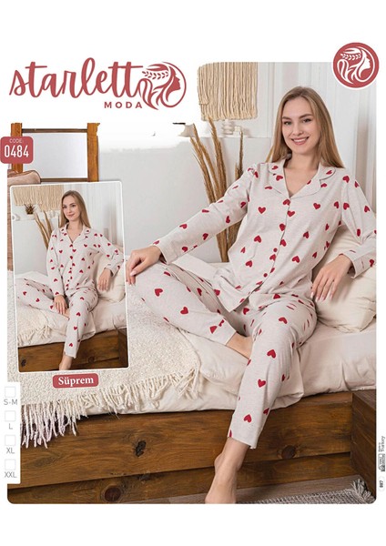 Kalp Desenli Düğmeli Suprem Pijama Takımı