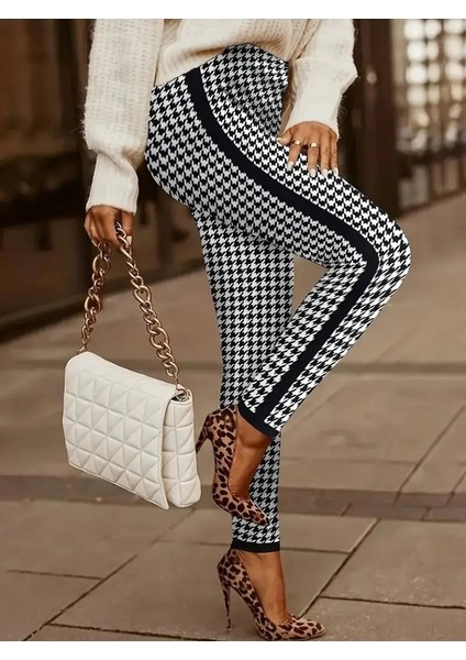 Ulak Handmader Kadın Yüksek Bel Kaz Ayağı Desenli Yanları Şeritli Dalgıç Pantolon