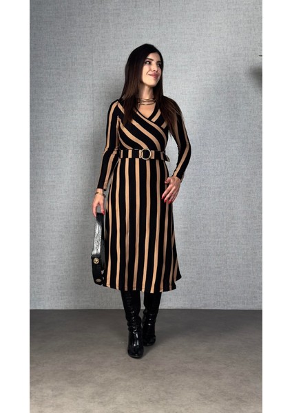 Ulak Handmader Kadın Uzun Kollu Kruvaze Yaka Kemer Dahil Çizgili Triko Elbise