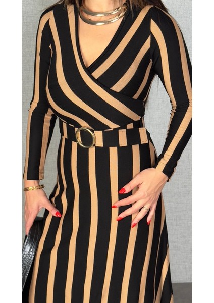 Ulak Handmader Kadın Uzun Kollu Kruvaze Yaka Kemer Dahil Çizgili Triko Elbise modelleri