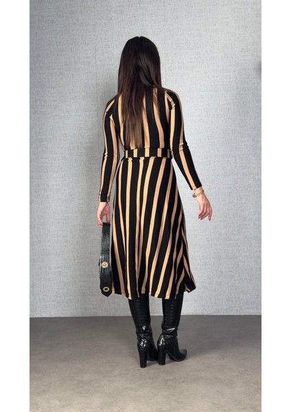 Ulak Handmader Kadın Uzun Kollu Kruvaze Yaka Kemer Dahil Çizgili Triko Elbise fırsatları