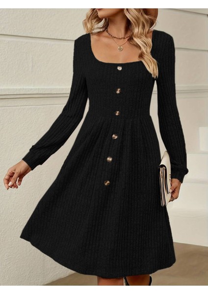 Ulak Handmader Kadın Uzun Kollu Kare Yaka Düğmeli Kısa Şardonlu Iki Iplik Mini Elbise fiyatları