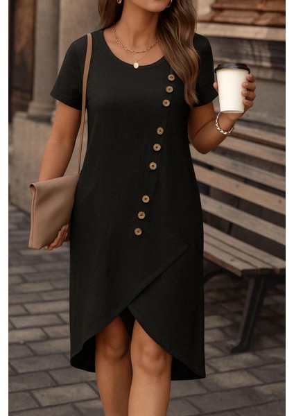 Ulak Handmader Kadın Kısa Kollu Bisiklet Yaka Düğme Detay Müslim Elbise