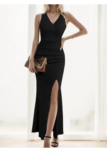 Ulak Handmader Kadın Askılı Kruvaze Yaka Yırtmaç Detaylı Janjan Krep Elbise indirimleri