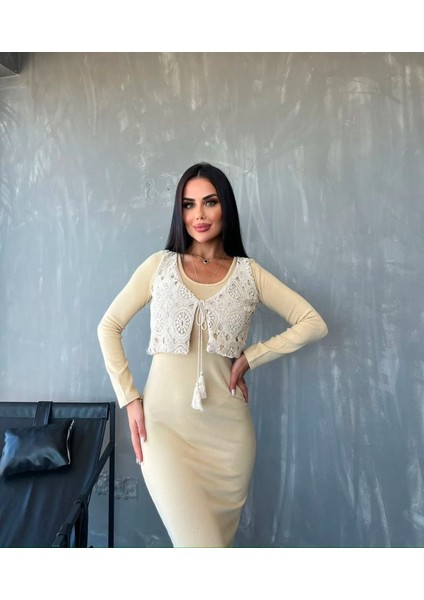 Ulak Handmader Kadın Bisiklet Yaka Midi Boy Elbise ve Dantel Güpür Detay Yelek Fırsat Ürün Ikili Takım modelleri