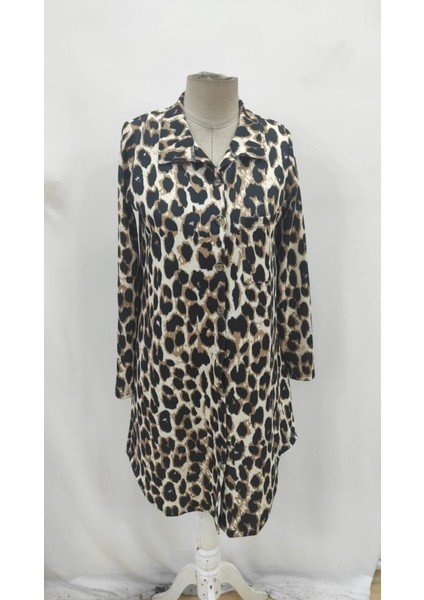 Ulak Handmader Kadın Uzun Kollu Yakalı Önden Düğmeli Leopar Desenli Modal Midi Elbise