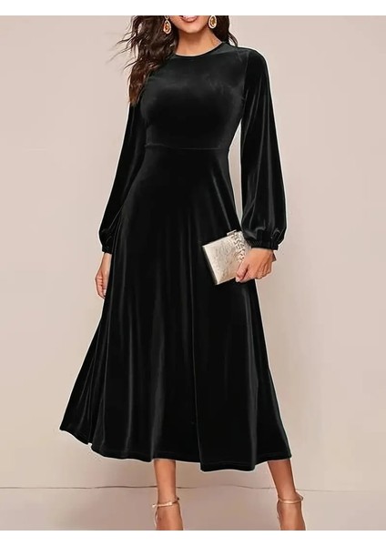 Ulak Handmader Kadın Uzun Kollu Bisiklet Yaka Midi Kadife Elbise