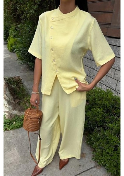 Ulak Handmader Hakim Yaka Çapraz Düğmeli Plazzo Pantolon Viscon Keten Takım 10209 modelleri