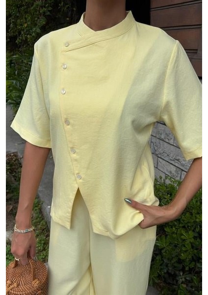 Ulak Handmader Hakim Yaka Çapraz Düğmeli Plazzo Pantolon Viscon Keten Takım 10209