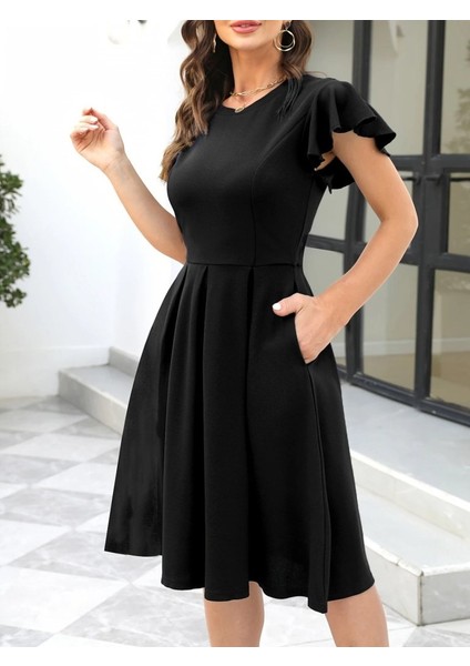 Ulak Handmader Kadın Kelebek Kollu Bisiklet Yakalı Pileli Ithal Krep Elbise fiyatları