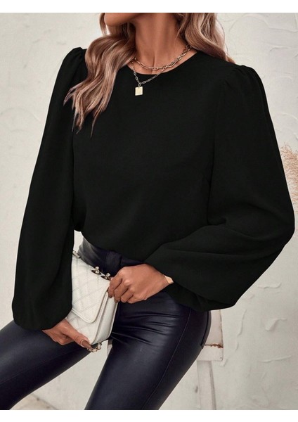 Ulak Handmader Kadın Uzun Kollu Yuvarlak Yaka Arkadan Bağcıklı Salaş Ithal Krep Bluz