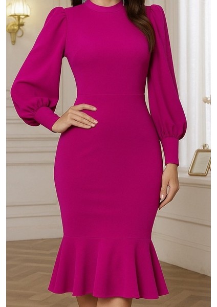 Ulak Handmader Kadın Uzun Kollu Yarı Balıkçı Yaka Etek Ucu Fırfır Detaylı Midi Ithal Krep Elbise fiyatları