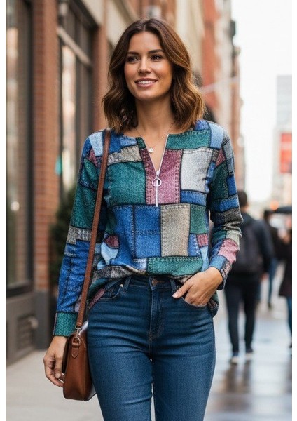 Ulak Handmader Kadın Uzun Kollu Yakadan Fermuarlı Kot Görünüm Desenli Uzun Modal Bluz