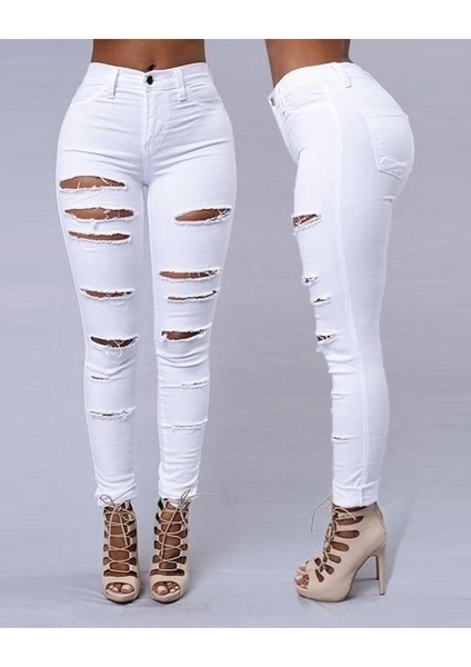 Ulak Handmader Kadın Yüksek Bel Lazer Yırtık Desenli Kot Pantolon