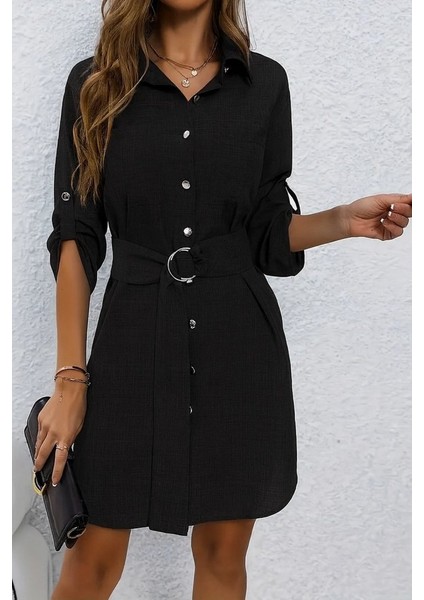 Ulak Handmader Kadın Uzun Kollu Yakalı Önden Düğmeli Beli Kuşaklı Mini Ithal Keten Elbise fiyatları