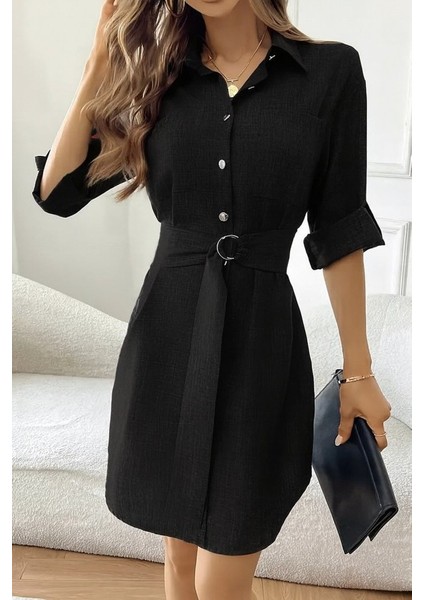 Ulak Handmader Kadın Uzun Kollu Yakalı Önden Düğmeli Beli Kuşaklı Mini Ithal Keten Elbise modelleri
