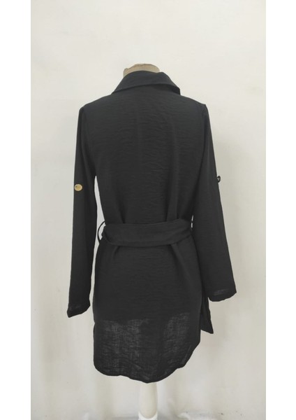 Ulak Handmader Kadın Uzun Kollu Yakalı Önden Düğmeli Beli Kuşaklı Mini Ithal Keten Elbise