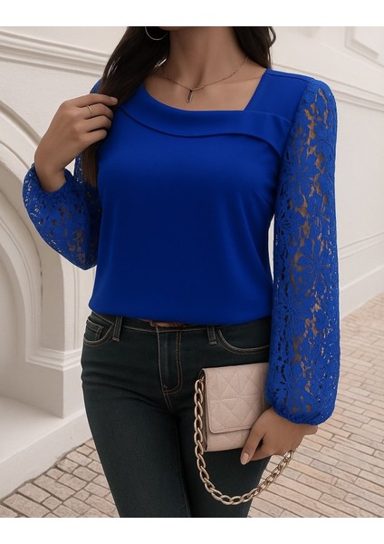 Ulak Handmader Kadın Uzun Kollu Asimetrik Yakalı Dantelli Ithal Krep Bluz