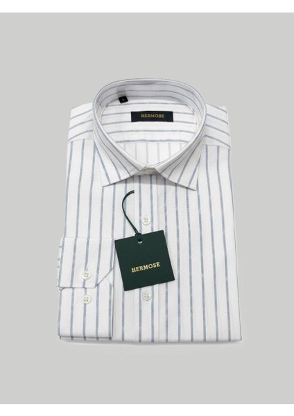 Mavi Çizgili Beyaz Erkek Gömlek