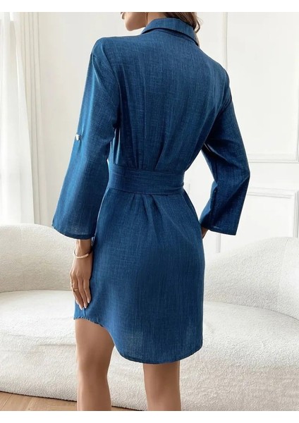 Ulak Handmader Kadın Uzun Kollu Yakalı Önden Düğmeli Beli Kuşaklı Mini Ithal Keten Elbise modelleri