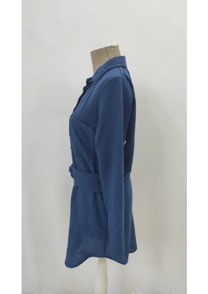 Ulak Handmader Kadın Uzun Kollu Yakalı Önden Düğmeli Beli Kuşaklı Mini Ithal Keten Elbise