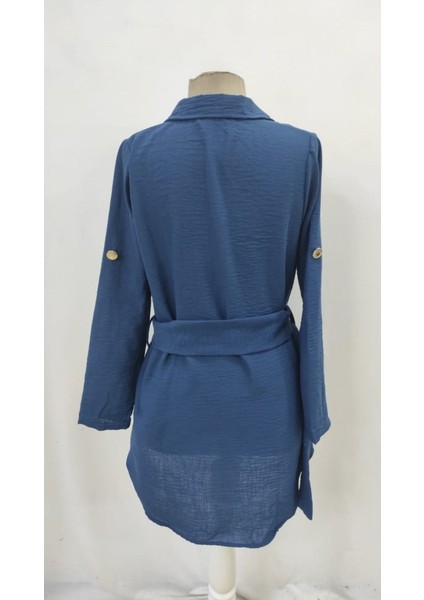 Ulak Handmader Kadın Uzun Kollu Yakalı Önden Düğmeli Beli Kuşaklı Mini Ithal Keten Elbise