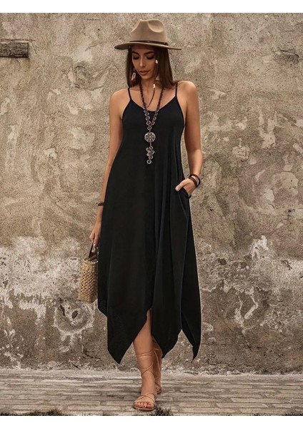 Kadın Askılı V Yakalı Cep Detaylı Asimetrik Kesim Detaylı Viskon Elbise fiyatları