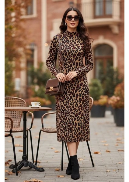 Ulak Handmader Kadın Uzun Kollu Balıkçı Yaka Leopar Desenli Midi Boy Elbise